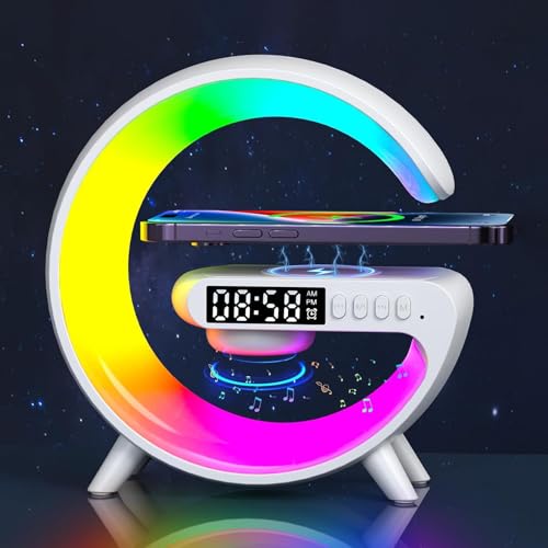 Nueva Lámpara Luz Nocturna con Cargador Inalámbrico, Altavoz Bluetooth Forma de G - Reloj Despertador Estado de ánimo a Través de Conexión USB-C, Lámpara de Mesa LED Regulable (Blanco)