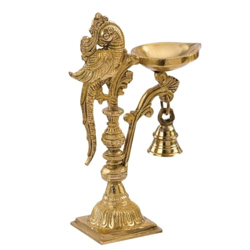 Image of Brass Peacock Decorative Diya with Traditional Bell Antique Deepak Design, Table Decor with Stand, Home Diwali Gift, Temple Pooja, Gold Colour (20X12.5X8cm) | 687 gram