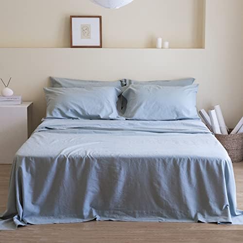 Simple&Opulence Belgian Linen Sheet Set Solid Color - 6 Pieces (1 Flat Sheet & 1 Fitted Sheet & 4 Pillowcases) 16" Deep Pocket Natural Flax Cotton Blended Soft Bedding - Dusty Blue, Queen Size - Thumbnail 3