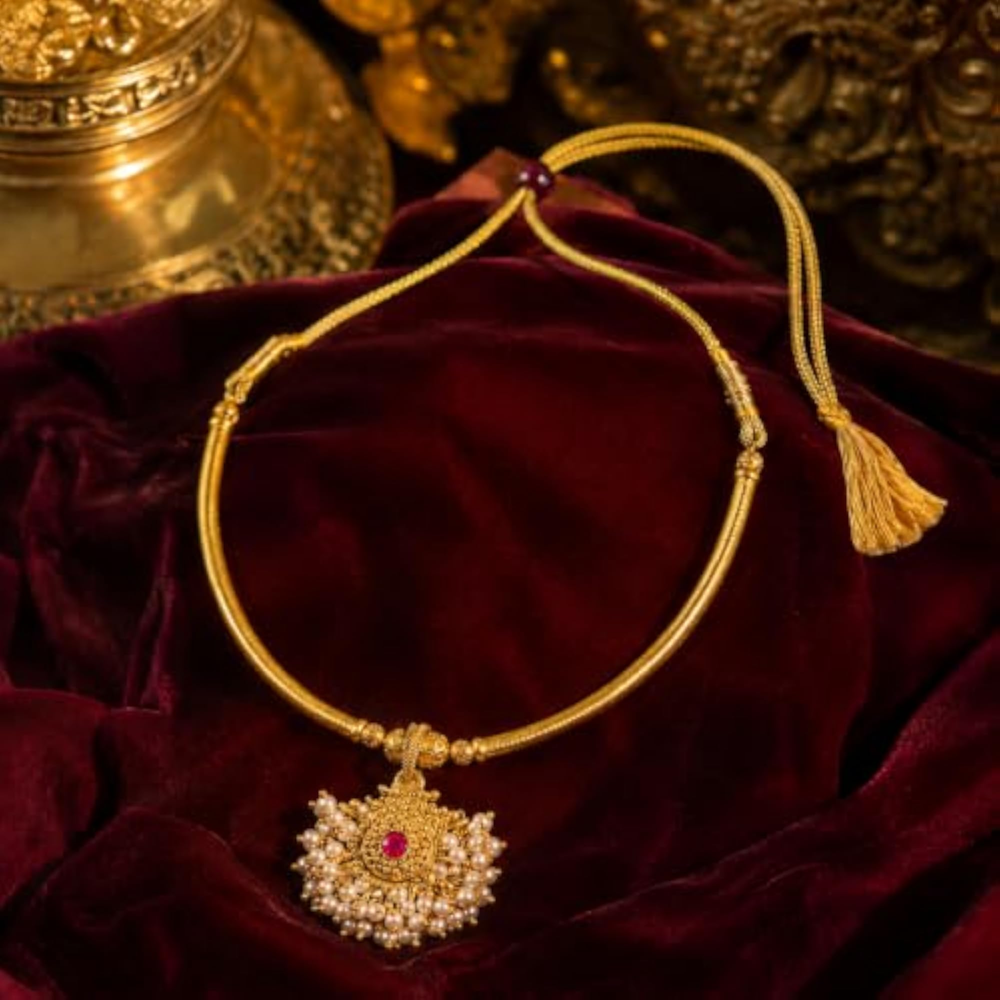 Gold Plated Traditional Cluster Design Thushi Pipe Necklace for Women