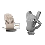 BABYBJÖRN Babywippe Bliss, Baumwolle, Sandgrau inklusive Spielzeug für Babywippe, Fröhliche Augen & Babytrage Mini, 3D-Netzstoff, Grau