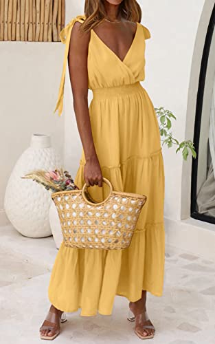 Image of PRETTYGARDEN Women's Cross Neck Summer Sleeveless Tiered Maxi Dress Beach Tie Strap Smocked Long Dresses Pleated Sundress