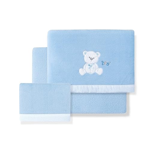 Set di 3 Lenzuola per Mini Culla Neonato in CORALINA Oso Lazo blu · Lenzuolo Invernale Extra Caldo per Mini Lettino