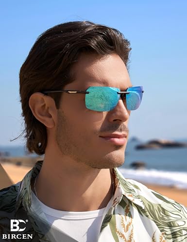 Image of BIRCEN Mens Polarized Sunglasses for Driving: Rimless UV Protection Sun Glasses with Al-Mg Frame for Fishing Traveling Golf