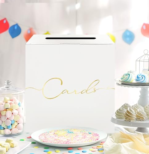 Image of HEIPINIUYE Large Card Box for Party 9.8 inch x 9.8 inch White Gift Card Box Holder with Gold Foil Design for Wedding Birthday Baby Shower Retirement Graduation Party Raffle Box