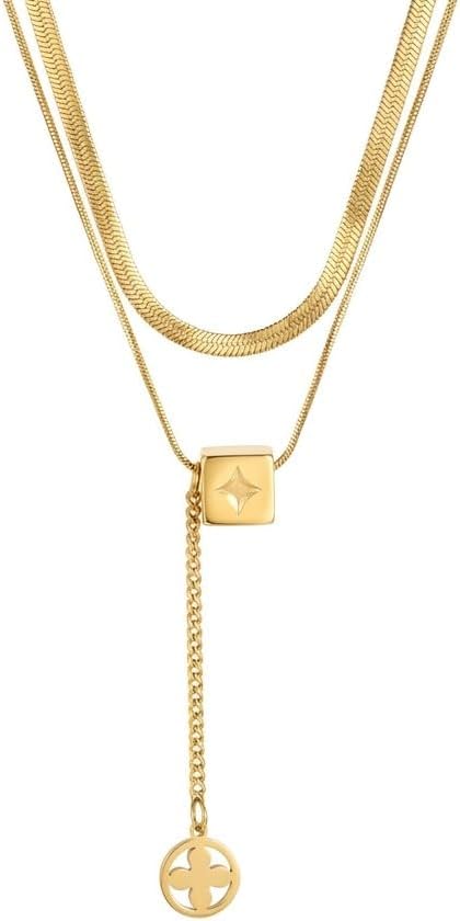 Gold Necklace with Mono gram Cube Pendant, Double Layer Lariat Y-Necklace with Flower Disc, 18K Gold Plated Stainless Steel Chain, Women's Jewelry Gift