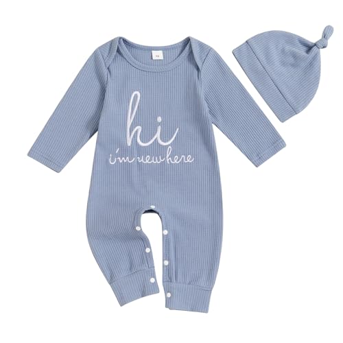 Kayotuas Newborn Baby Boy Clothes Hi I'm New Here Newborn Outfit Coming Home Outfits Fall Long Sleeve Romper Jumpsuit and Hat (Blue, 0-3 Months)