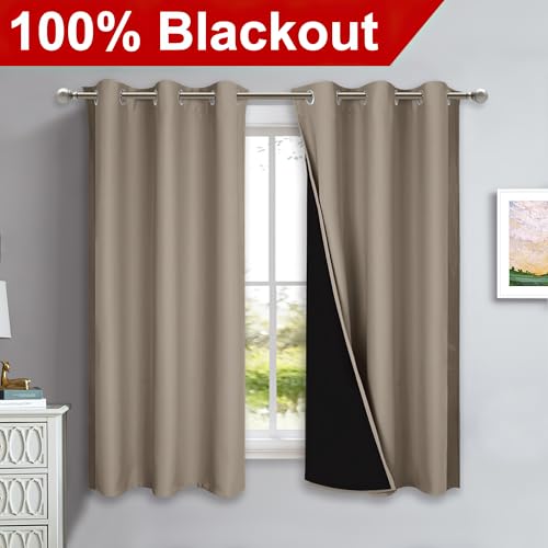 Image of NICETOWN 100% Blackout Curtains with Black Liners, Solid Thermal Insulated Full Blackout 2-Layer Lined Drapes, Energy Efficiency Window Draperies for Bedroom (2 Panels, 42 inch W by 63 inch L, Taupe)
