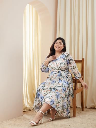 Image of Miss Chase A+ Women's V-Neck Three-Quarter Sleeve Floral Wrap Chiffon Midi Dress