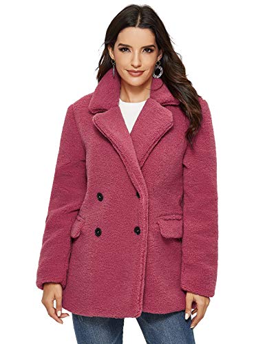 Escalier Women's Faux Shearling Coat Warm Winter Long Sleeve Lapel Fluffy Fur Outwear Red Small