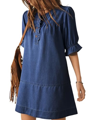 Dokotoo Womens Denim Dress Casual Short Sleeve Button Down Loose Jean Shirt Dresse Fashion Crewneck Mini Jean Dresses Dark Blue Medium