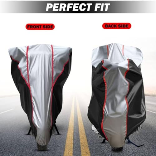 Image of Waterproof Bike Body Cover Compatible with Tvs Rohin Dustproof Scratchproof - Motorcycle Cover for Two Wheeler, Outdoor Full Cover with UV, Duty, Rain Protection (Black Top Silver) R1