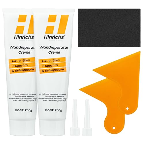 Hinrichs 500g Spachtelmasse Weiß - Wandreparaturpaste Set aus 2x Instant Repair Paste 250g 2x Wandspachtel 2x Tüllen & Schleifpapier - Löcher Wand füllen Weiß - Lochfüller Kit
