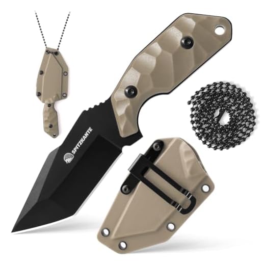 SPITZKANTE Neck Knife with Sheath and Necklace X-TAN-K, Horizontal Carry Knife with Full Tang Tanto 5Cr14MoV Steel Blade, Khaki ABS Handle, EDC, Outdoor, Camping & Hiking