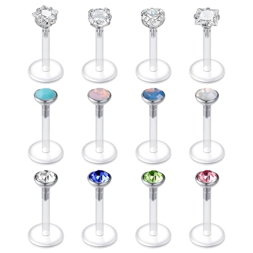 LAURITAMI 12 Pièces Piercing Labret Levre, Bioflex Flexibe Piercing Labret Vertical Levre, 16G Percing pour Tragus Oreille Hélix Cartilage Acier Chirurgical...