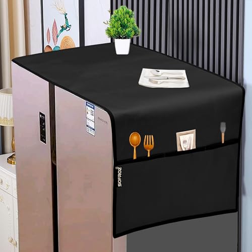 Image of Refrigerator Double Door Waterproof, Dustproof, Protective Cover for Fridges with Extra Storage Space Nylon Top Cover with 6 Storage Pockets (170 x 65 cm) (Black)