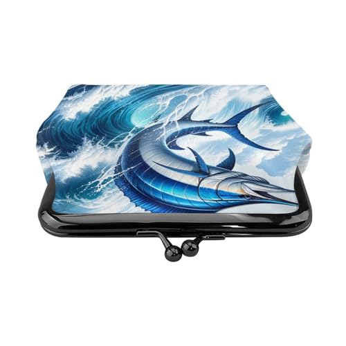 Pu Leather Buckle Coin Purse Marlin-Fish-Ocean-Wave Girls Kiss-Lock Change Purse Wallets2