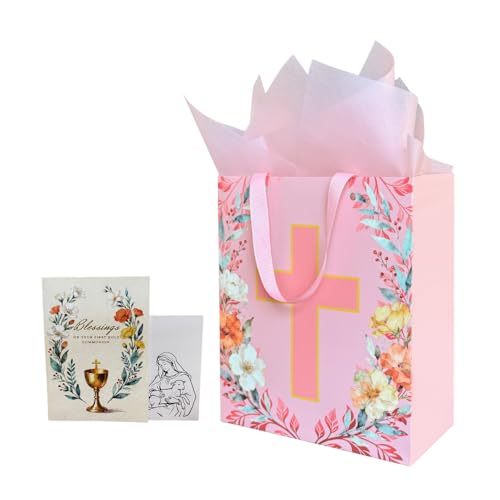 Noyi Traxd Large Pink Baptism Gift Bag - 10 x 5 x 11.8 with Cross Design First Communion Card and Tissue Paper for Baby Girl Baptisms Christenings and First Communions Religious Occasion