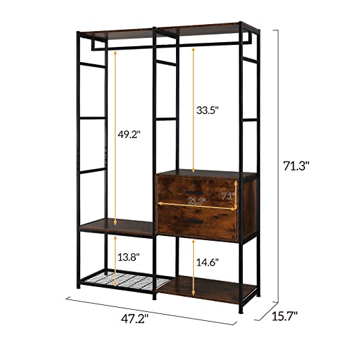 Karl Home Freestanding Clothes Rack With 2 Drawers, Heavy Duty Garment Rack With 2 Hanging Rods, Clothing Shelves Metal Frame Wardrobe Closet Organizer For Shoes Coat Storage, Walnut Board 71.3" H #TOP3