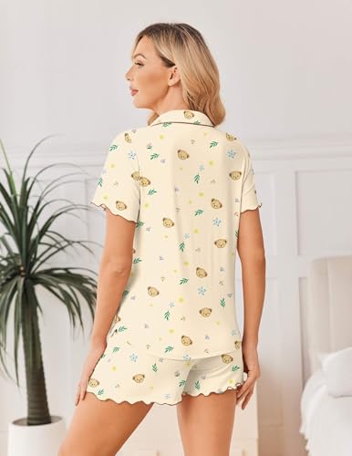 Image of Ekouaer Viscose from Bamboo Women Pajama Sets Button Up Cooling Pjs Short Sleeve Ruffle Sleepwear 2 Piece Lounge Shorts Set