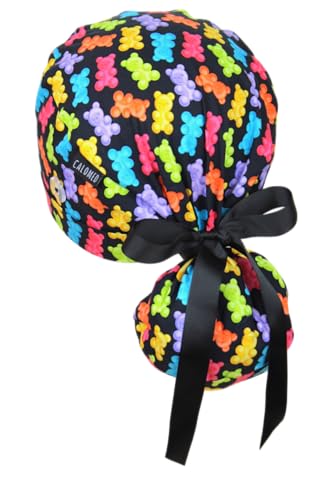 Image of Scrub Cap for Women and Men, Ponytail Scrub Caps, Working Hat, Head Cover with Ribbon Ties and Buttons, Long Hair