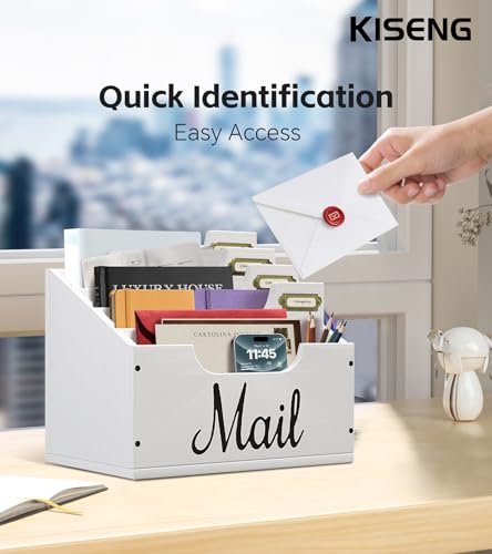 KISENG Mail Organizer Countertop, Desktop Mail Basket with 4 Slots, Wooden Mail Paper Holder, File Holders for Document Envelopes and Bills, Large Mail Holder and Classroom Mailbox for Office Home
