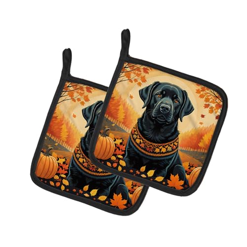 Caroline's Treasures DAC1054PTHD Black Labrador Retriever Fall Pair of Pot Holders Kitchen Heat Resistant Pot Holders Sets Oven Hot Pads for Cooking Baking BBQ, 7 1/2 x 7 1/2