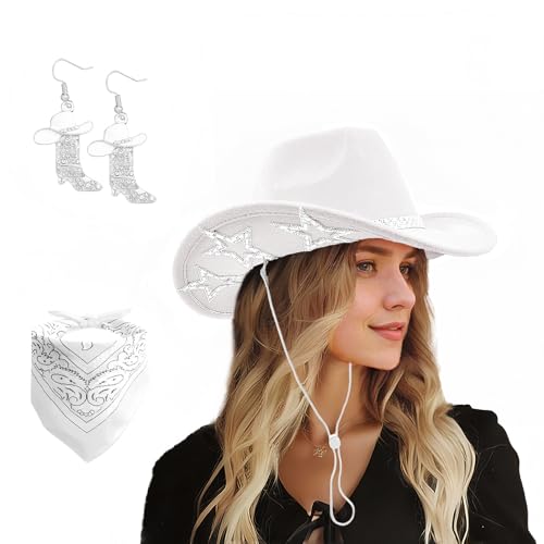 Image of SHENYI Cowgirl Hat and Bandana and Heart Sunglasses Glitter Rhinestone Star Cowboy Hat Western Sparkly Hats for Women Men