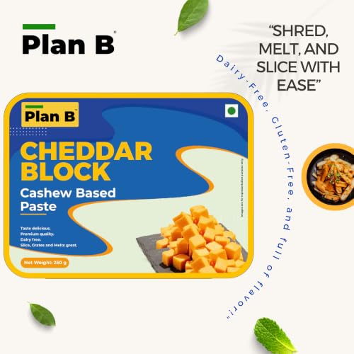 Image of Plan B Plant-Based Cheddar Cheese Block-Pack Of 2(250 g each) | Dairy-Free, Lactose-Free, Ideal for Melting, Grating & Cooking - Made with Cashews - Delicious Cheese Alternative