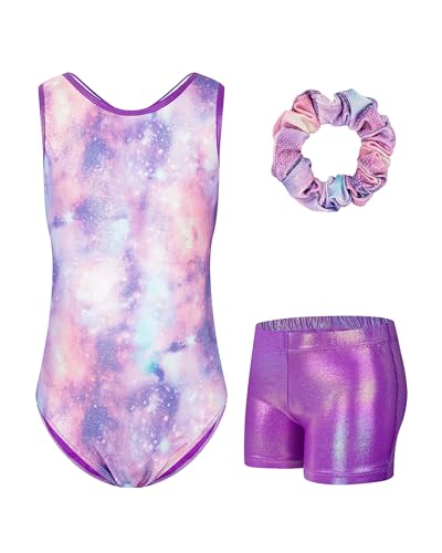 JiAmy Gymnastics Leotards for Girls with Shorts Set, 3Pcs Kids Gymnastics Athletic Outfit, Sleeveless Ballet Dancewear for Kids Starry Sky 6-7 Years