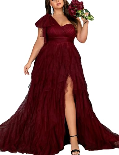 Women's Plus Size Wedding Guest Dress A-Line Long Maxi One Shoulder Strap Solid Color Slit Asymmetrical Neck Elegant Evening Party Cocktail Gown for Bride Bridesmaid Prom Wine red 1XL