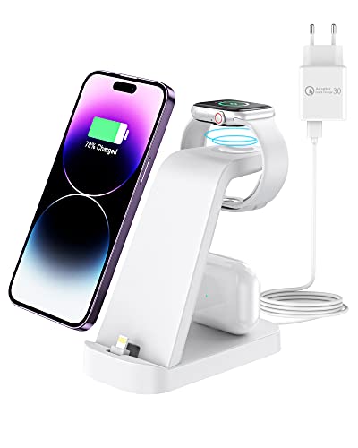 Apetiy Rápido Cargador 3 en 1 Cargador Apple Watch para iwatch Ultra 8/7/6/SE/5/4/3/2, 18W Soporte de Cargador portátil rápido para iPhone 14/13/12/11/XS/XR/8/7/6/5, Serie AirPods