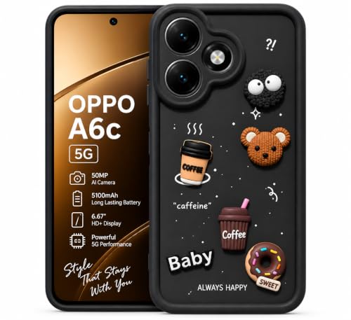 Image of Bintage Back Cover Compatible for Oppo A6c 4G | Cute 3D Taddy Ball Bear Milk Cake Coffee Silicon Case Full Body & Camera Protection - Black
