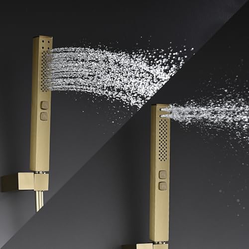 Sistema de ducha y bañera con recubrimiento cuadrado 10" con rociador manual giratorio, pico plegable y válvula de latón macizo con plataforma para shampoo - Dorado cepillado miniatura 5