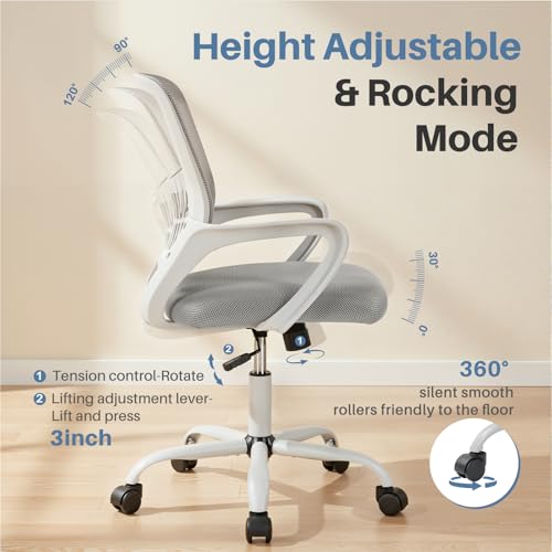 Image of DUMOS Office Desk Chair - Ergonomic Mid Back with Lumbar Support & Rocking Mode, Height Adjustable with Fixed Armrest, for Home Conference Meeting Room, 360 Swivel, Adults, Grey
