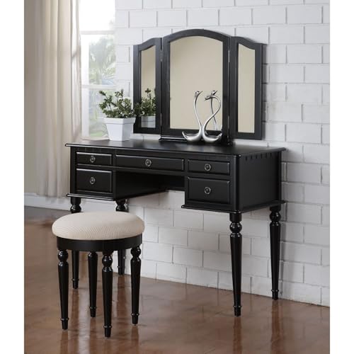 Maykoosh Victorian Vintage Furniture Wood Vanity Set with Mirror and Stool in Black Color