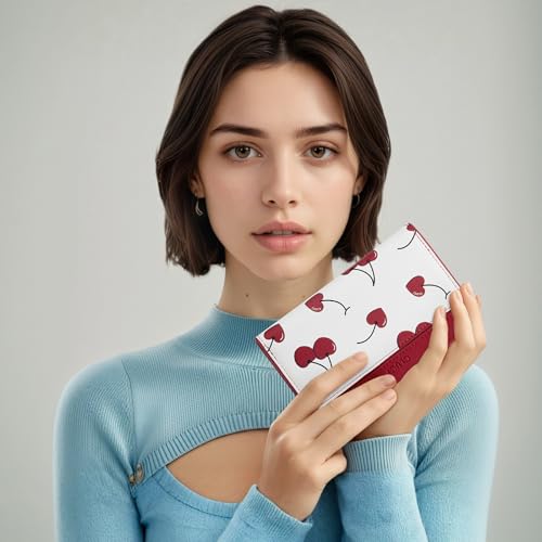 Image of CLUCI Small Wallet for Women PU Leather RFID Wallet Blocking Designer Bifold Ladies Wallet Card Holder Cherry Print