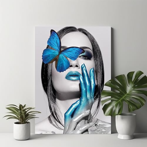Image of PAINTINGMANTRA Stretched Modern Canvas Wall Art Painting, Women with Blue Butterfly Artwork for Living Room, Home, Bedroom, Office Decoration (Set of 1, 16x22 Inch)