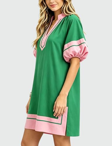 Image of Esmeling Women's Color Block Pullover Dress V-Neck Puff Sleeve Dress Mini Shirt Dress with Pockets