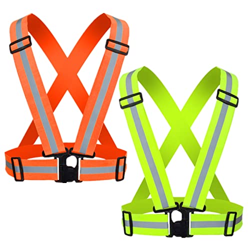 YUNLOVXEE Reflective Strap Safety Vest Gear - 2-10 Pack Adjustable High Visible Reflective Running Gear for Women Men Night (Green+Orange)