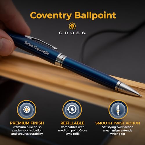 Personalized, Custom Engraved Cross Pen for Men or Women | Cross Coventry Ballpoint Pen | Luxury Gift for Office, Graduation and Business [Blue Lacquer with Chrome Trim] - Thumbnail 3
