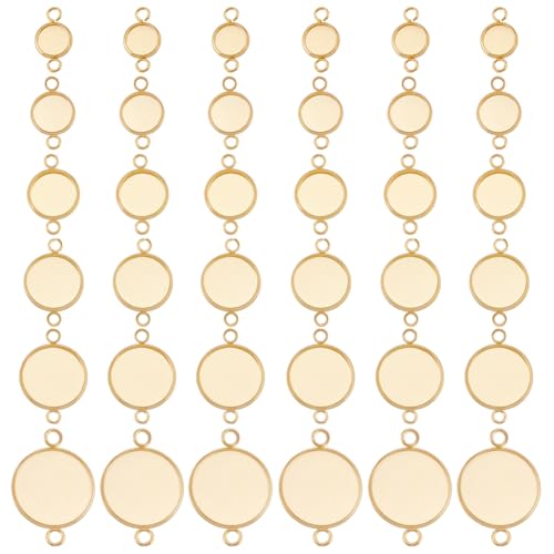Beebeecraft 1 Box 48Pcs Cabochon Connector 18K Gold Plated Brass 6 Size Flat Round Blank Bezel Pendant Trays Connector Cabochon Settings with 2 Loop for DIY Jewelry Making
