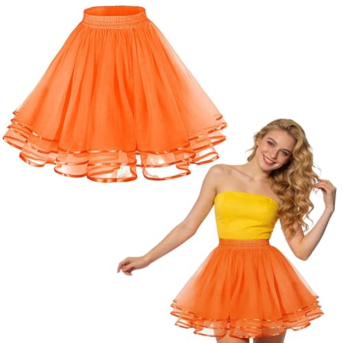 Tüllrock Orange Damen Ballett Tütü Rock Orange Erwachsene Elastisch 3 Lagig Tüll Tutu Petticoat Unterrock Rock für Motto Party Kostüme Ballett Tanzen