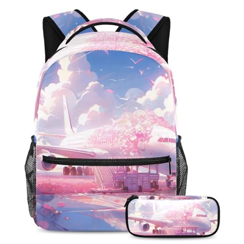 Sac à dos fille grand volume motif avion rose et sa trousse à crayons ergonomique