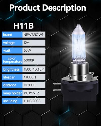 Image of NEWBROWN H11B Headlight Bulb H11B Halogen Headlight Bulb 5000K Super White Light Long Life Replacement PGJY19-2 12V /55W (H11B, 2 Pack)