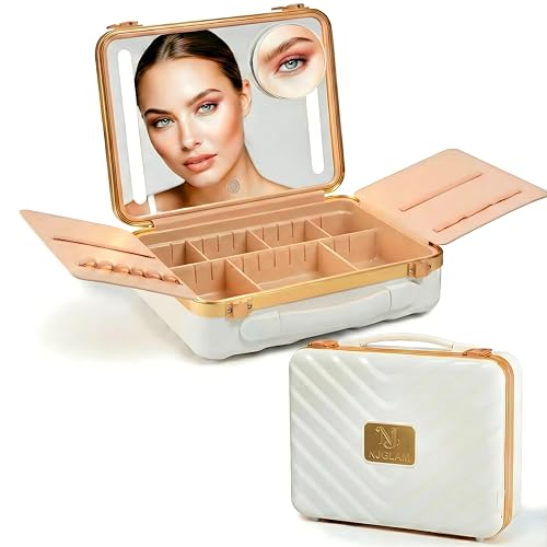 NJ GLAM Lighted Makeup Case with Mirror + 10x Mini Mirror - Portable 3 LED Modes Adjustable Dividers I Travel Makeup Train Case & Organizer I USB Rechargeable I (White)