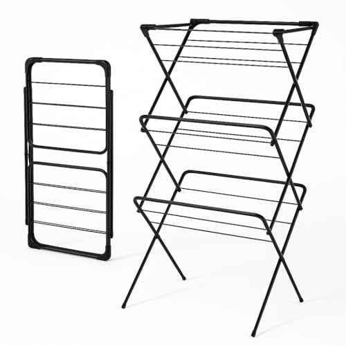 VIROSA 3-Tier Clothes Drying Rack – Foldable Indoor & Outdoor Laundry Stand with Non-Slip Feet & Hanger Corners – Lightweight Space-Saving Design – 63 x 46 x 138cm – Black