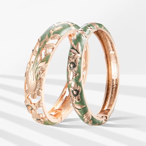 Image of UJOY Vintage Jewelry Cloisonne Handcrafted Flower Enameled Gorgeous Rhinestone Hinged Cuff Bracelet Bangles Gifts 88A10