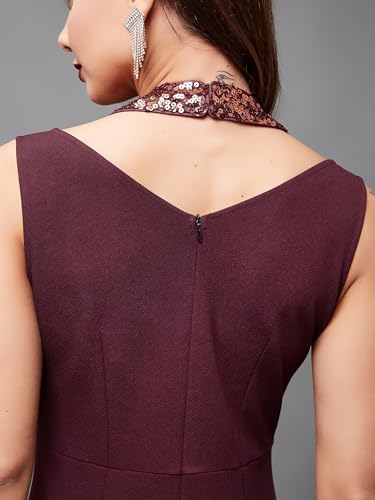 Miss Olive Women's Halter Neck Sleeveless Solid Pleated/Wide Leg Sequin Paneled Regular Length Jumpsuit (Moaw19D04-23-184-06,Wine,XL)