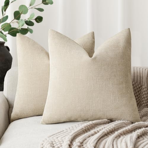 Image of Foindtower Pack of 2 Soft Textured Chenille Throw Decorative Pillow Covers Square Accent Solid Cushion Cover Cozy Neutral Farmhouse Pillow Case for Couch Sofa Bedroom Living Room 16x16 Inch, Beige